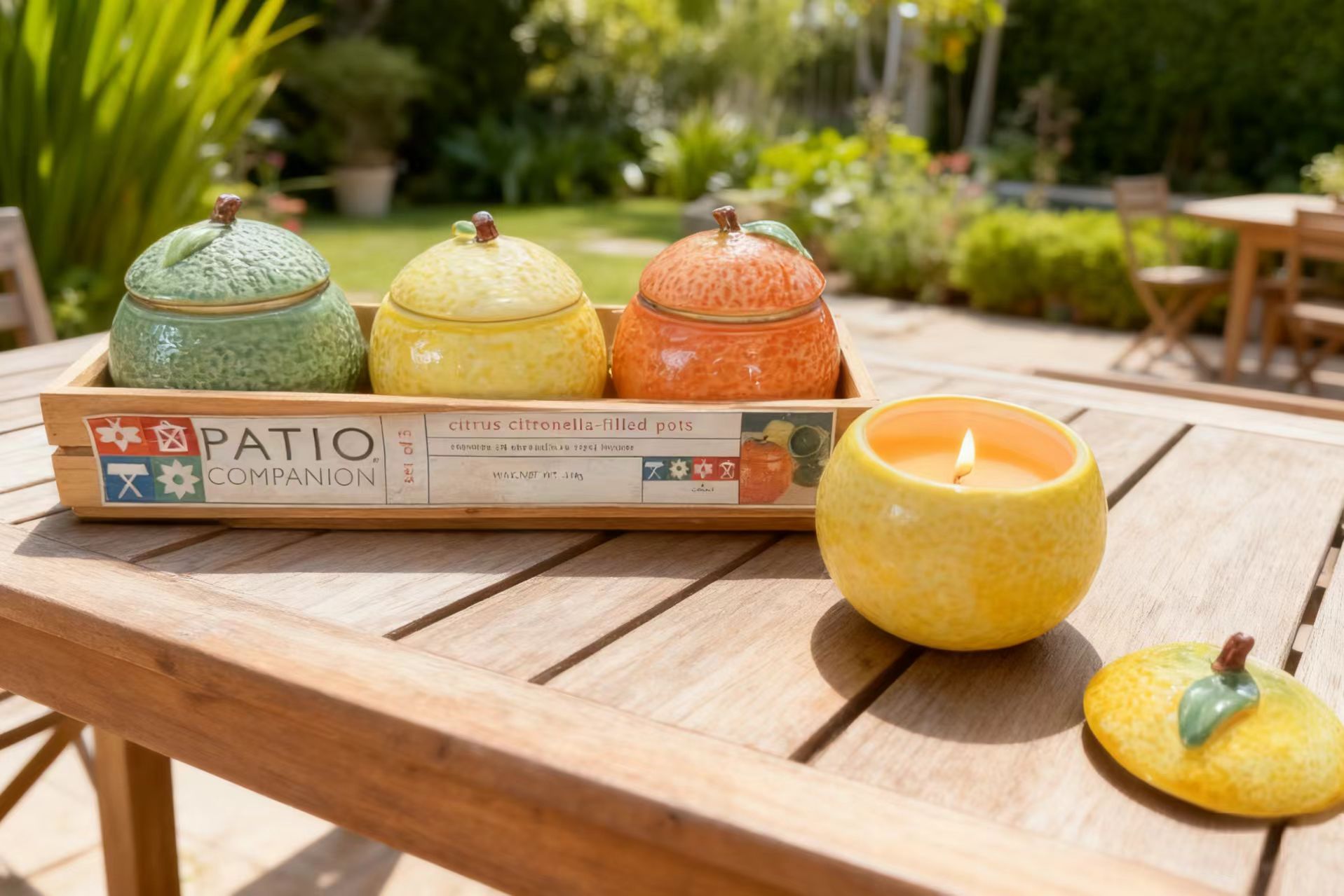 3pk Fruit Ceramic Jar  Filled Candles on Wood Tray